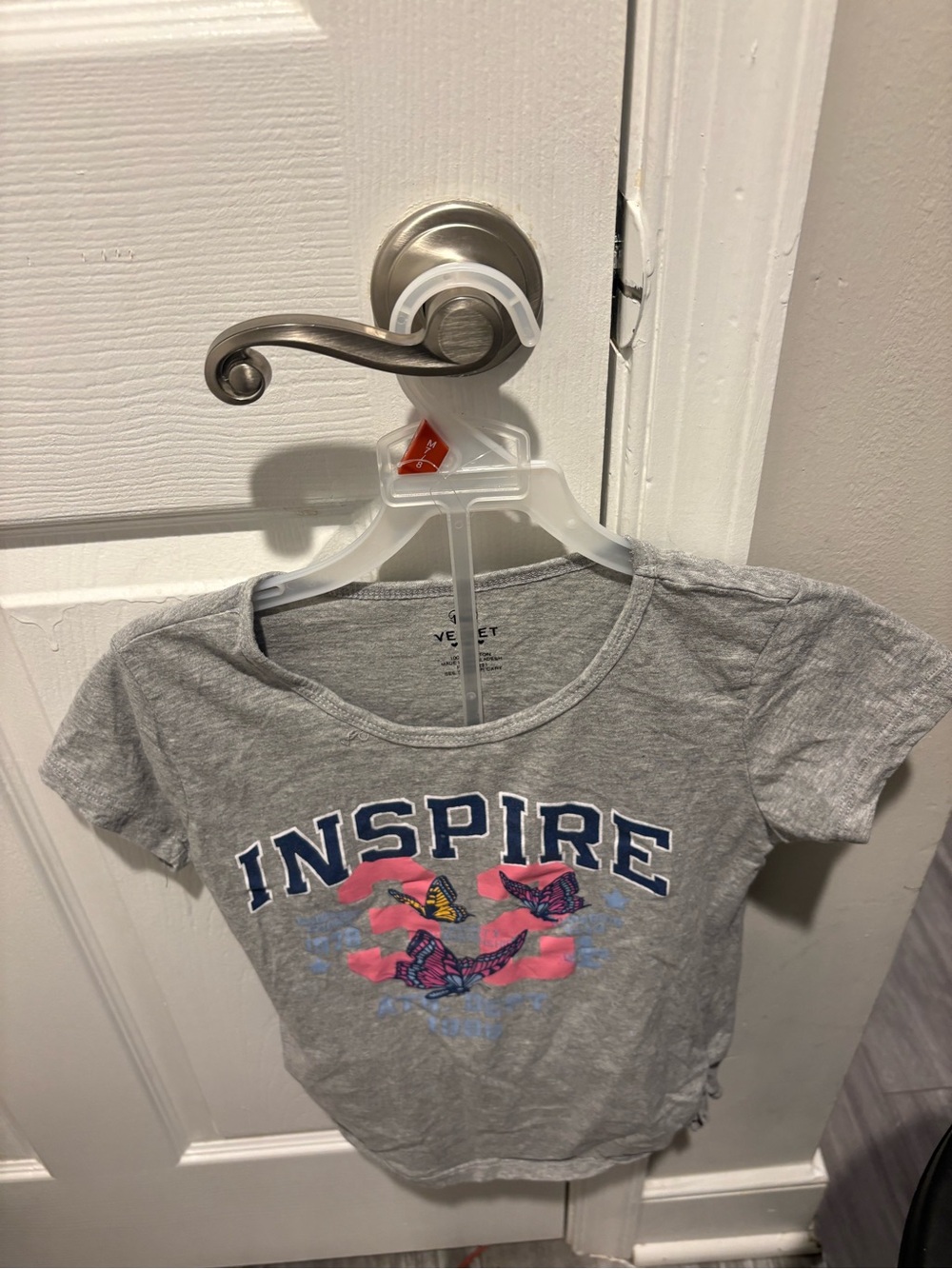 Velvet Gray Tee with Pink & Blue Butterfly Inspire Graphic